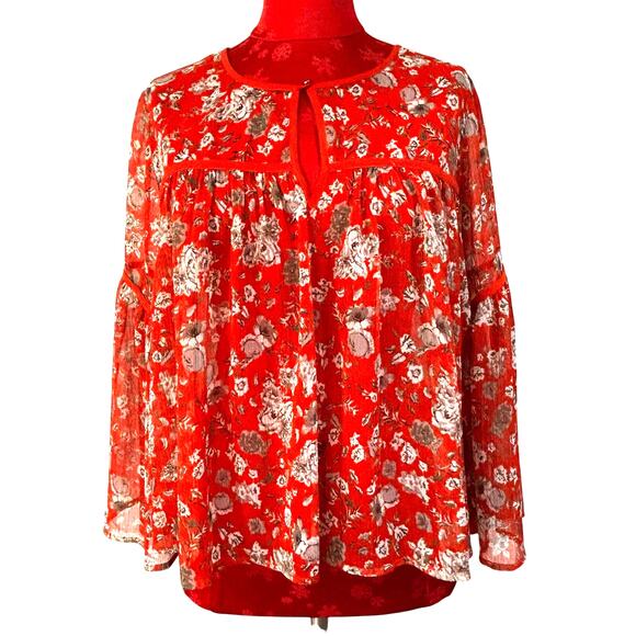 Lucky Brand peasant blouse size M Boho 3/4 sleeve casual orange tan floral sheer - Picture 1 of 8